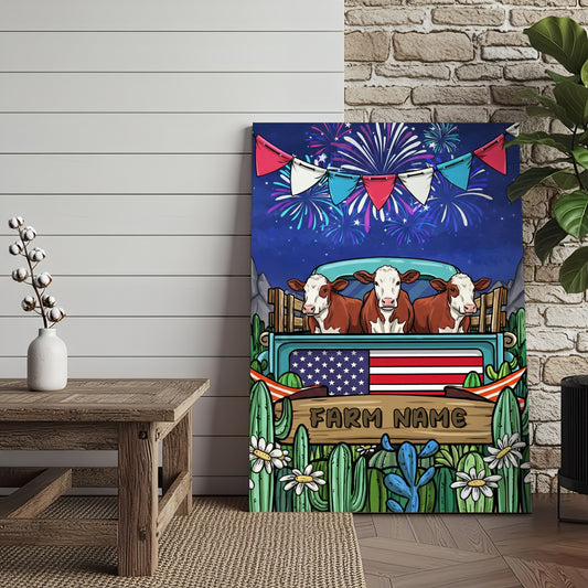 Joycorners Patriotic Hereford Cow on Farm Truck with American Flag Fireworks Rustic Country Style Personalized Name 3D Canvas Poster