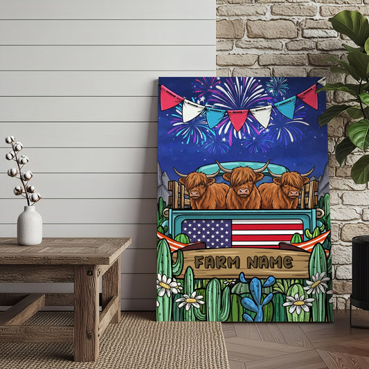 Joycorners Patriotic Highland Cow on Farm Truck with American Flag Fireworks Rustic Country Style Personalized Name 3D Canvas Poster