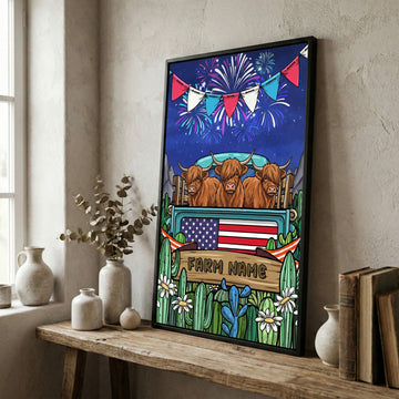 Joycorners Patriotic Highland Cow on Farm Truck with American Flag Fireworks Rustic Country Style Personalized Name 3D Canvas Poster