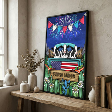 Joycorners Patriotic Holstein Cow on Farm Truck with American Flag Fireworks Rustic Country Style Personalized Name 3D Canvas Poster