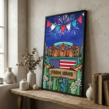 Joycorners Patriotic Jersey Cow on Farm Truck with American Flag Fireworks Rustic Country Style Personalized Name 3D Canvas Poster
