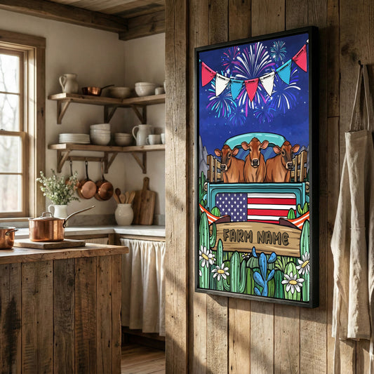 Joycorners Patriotic Jersey Cow on Farm Truck with American Flag Fireworks Rustic Country Style Personalized Name 3D Canvas Poster