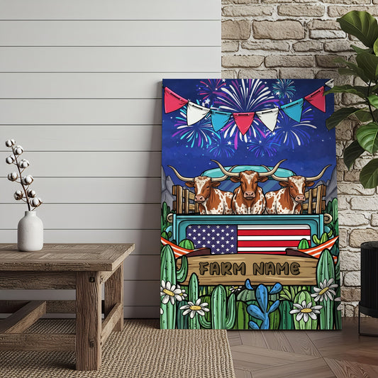 Joycorners Patriotic Texas Longhorn Cow on Farm Truck with American Flag Fireworks Rustic Country Style Personalized Name 3D Canvas Poster