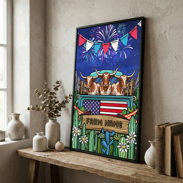 Joycorners Patriotic Texas Longhorn Cow on Farm Truck with American Flag Fireworks Rustic Country Style Personalized Name 3D Canvas Poster