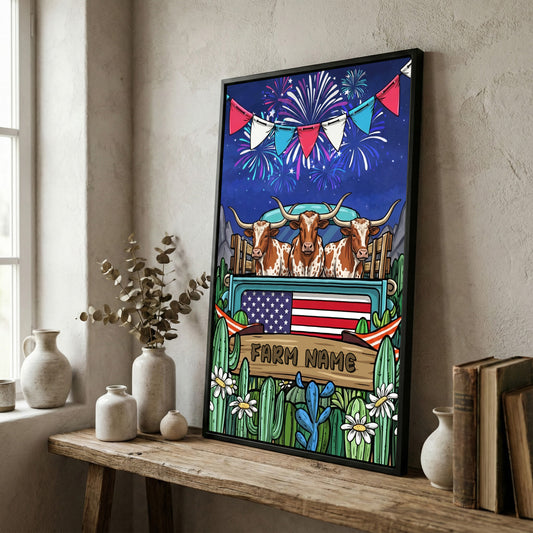 Joycorners Patriotic Texas Longhorn Cow on Farm Truck with American Flag Fireworks Rustic Country Style Personalized Name 3D Canvas Poster