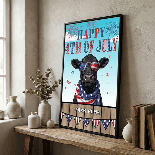 Joycorners Patriotic Black Angus Cow with USA Scarf Fireworks Patriotic Personalized Name 3D Canvas Poster