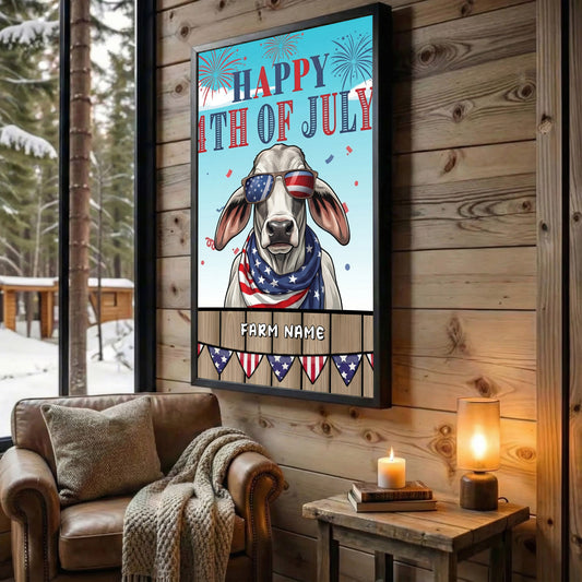 Joycorners Patriotic Brahman Cow with USA Scarf Fireworks Patriotic Personalized Name 3D Canvas Poster
