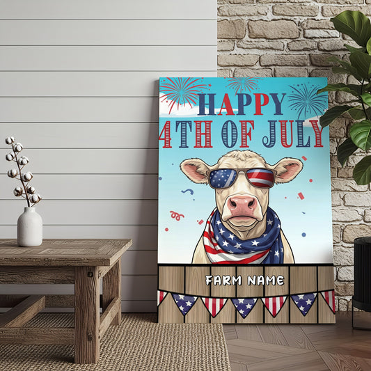 Joycorners Patriotic Charolais Cow with USA Scarf Fireworks Patriotic Personalized Name 3D Canvas Poster
