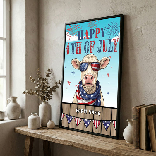 Joycorners Patriotic Charolais Cow with USA Scarf Fireworks Patriotic Personalized Name 3D Canvas Poster