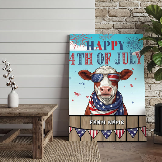Joycorners Patriotic Hereford Cow with USA Scarf Fireworks Patriotic Personalized Name 3D Canvas Poster