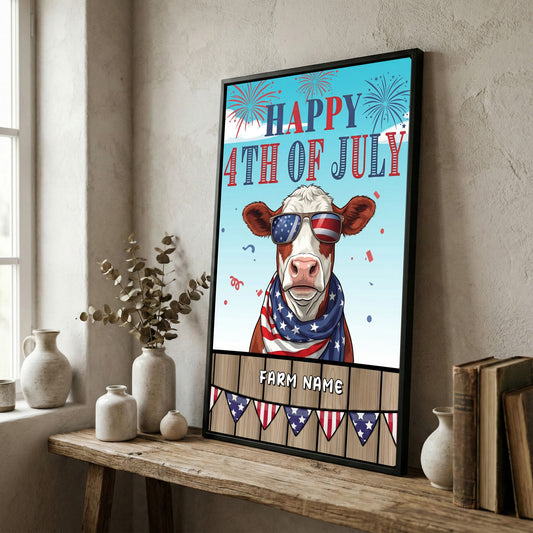 Joycorners Patriotic Hereford Cow with USA Scarf Fireworks Patriotic Personalized Name 3D Canvas Poster