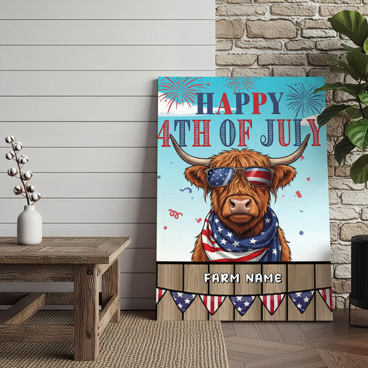 Joycorners Patriotic Highland Cow with USA Scarf Fireworks Patriotic Personalized Name 3D Canvas Poster