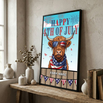 Joycorners Patriotic Highland Cow with USA Scarf Fireworks Patriotic Personalized Name 3D Canvas Poster
