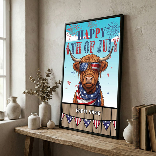 Joycorners Patriotic Highland Cow with USA Scarf Fireworks Patriotic Personalized Name 3D Canvas Poster