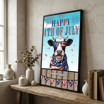 Joycorners Patriotic Holstein Cow with USA Scarf Fireworks Patriotic Personalized Name 3D Canvas Poster