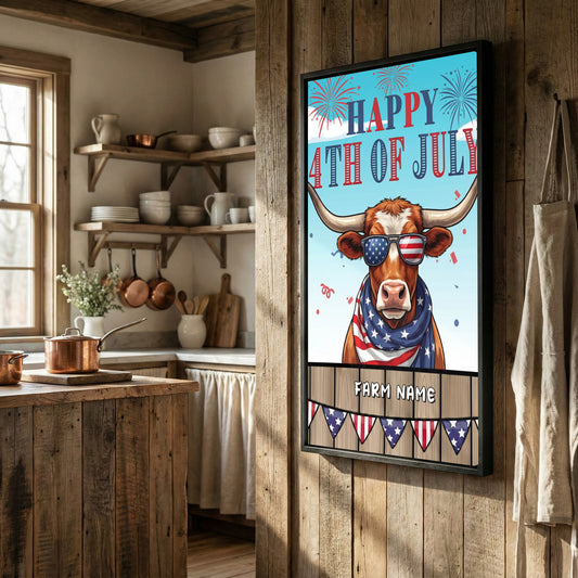 Joycorners Patriotic Texas Longhorn Cow with USA Scarf Fireworks Patriotic Personalized Name 3D Canvas Poster