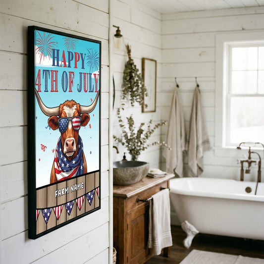 Joycorners Patriotic Texas Longhorn Cow with USA Scarf Fireworks Patriotic Personalized Name 3D Canvas Poster