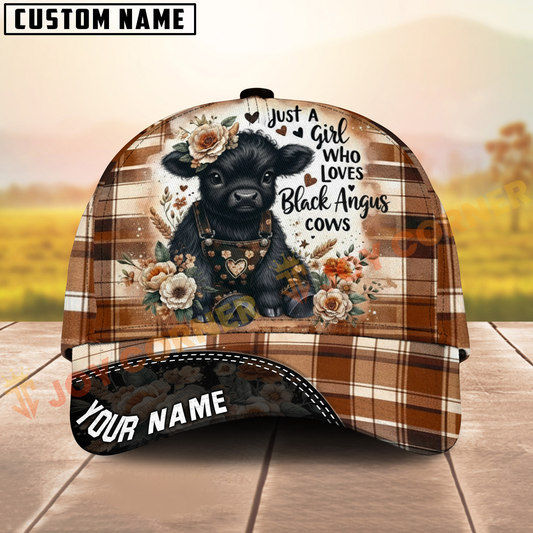 Joycorners Brown Plaid Cow Hat – Just a Girl Who Loves Black Angus Cows, Custom Name Farm Style Cap