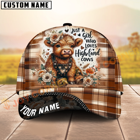 Joycorners Brown Plaid Cow Hat – Just a Girl Who Loves Highland Cows, Custom Name Farm Style Cap