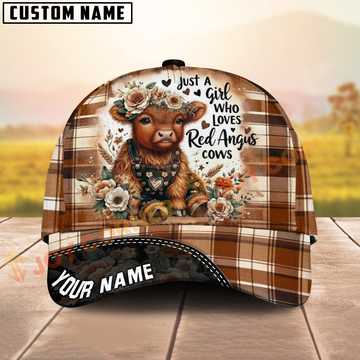 Joycorners Brown Plaid Cow Hat – Just a Girl Who Loves Red Angus Cows, Custom Name Farm Style Cap