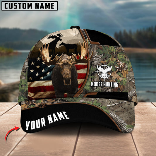 Joycorners Moose Hunting American Flag Pattern Multicolor Personalized Name 3D Cap (4 colors)