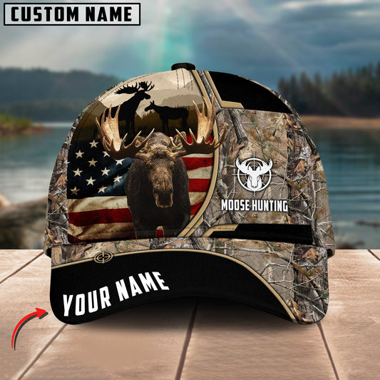 Joycorners Moose Hunting American Flag Pattern Multicolor Personalized Name 3D Cap (4 colors)