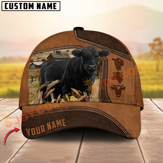Joycorners Black Aungus Brown Leather On Farm Customized Name 3D Classic Cap