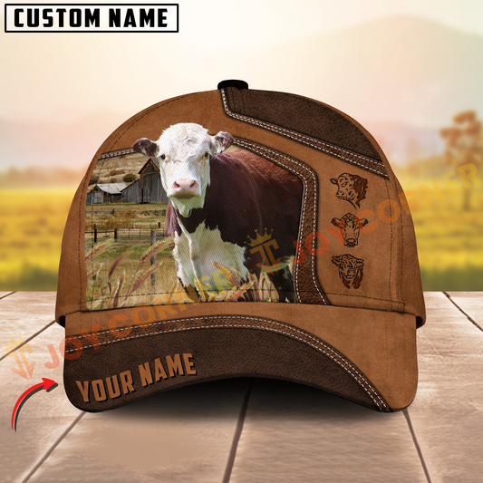 Joycorners Hereford Brown Leather On Farm Customized Name 3D Classic Cap