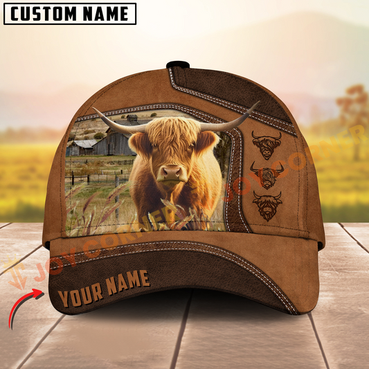Joycorners Highland Cattle Brown Leather On Farm Customized Name 3D Classic Cap