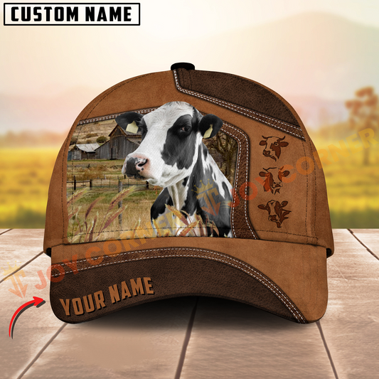 Joycorners Holstein Brown Leather On Farm Customized Name 3D Classic Cap