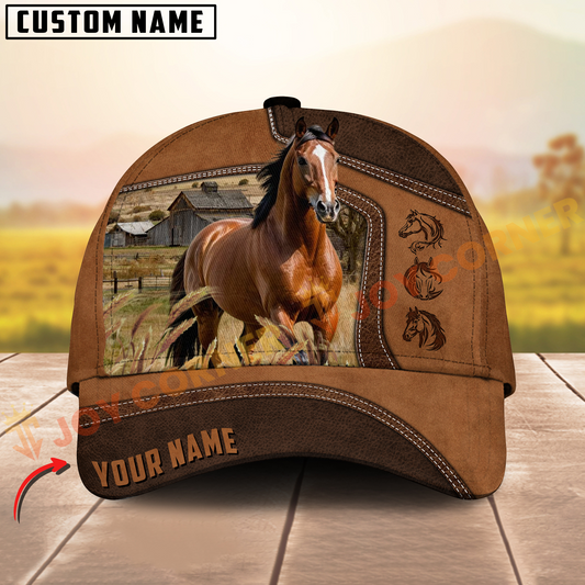 Joycorners Horse Brown Leather On Farm Customized Name 3D Classic Cap