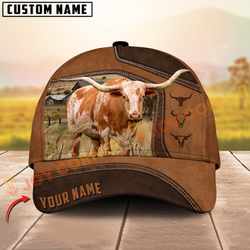 Joycorners Texas Longhorn Brown Leather On Farm Customized Name 3D Classic Cap