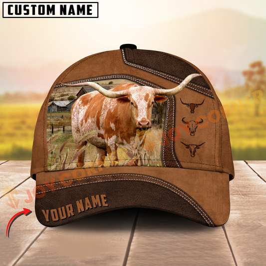 Joycorners Texas Longhorn Brown Leather On Farm Customized Name 3D Classic Cap
