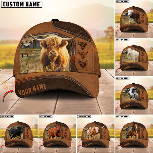 Joycorners Cattle Cow Brown Leather On Farm Customized Name 3D Classic Cap (8 Breeds)