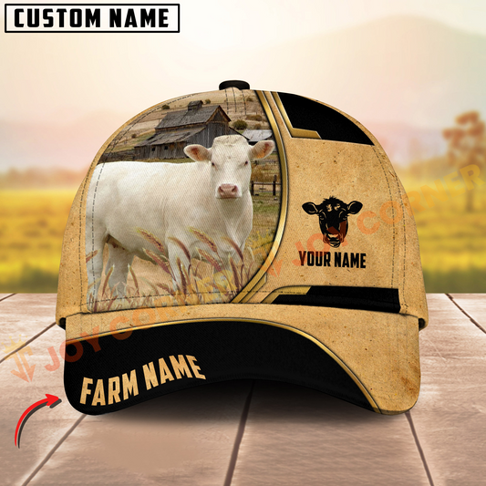 Joycorners Cattle Cow Vintage Yellow Golden Line Pattern On Farm Customized Name 3D Classic Cap (8 Breeds)