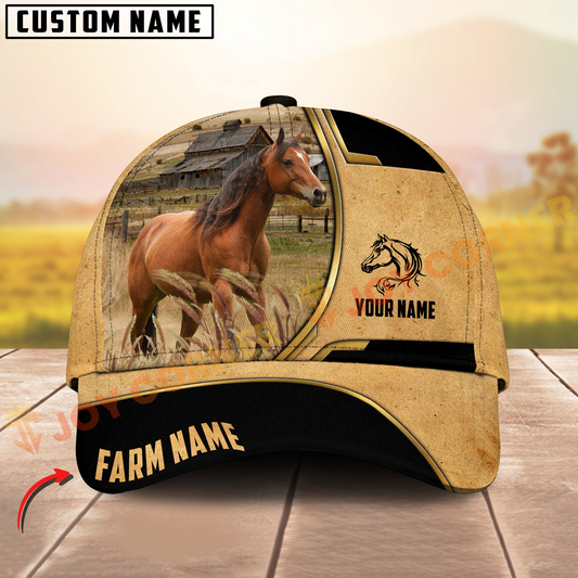 Joycorners Horse Vintage Yellow Golden Line Pattern On Farm Customized Name 3D Classic Cap