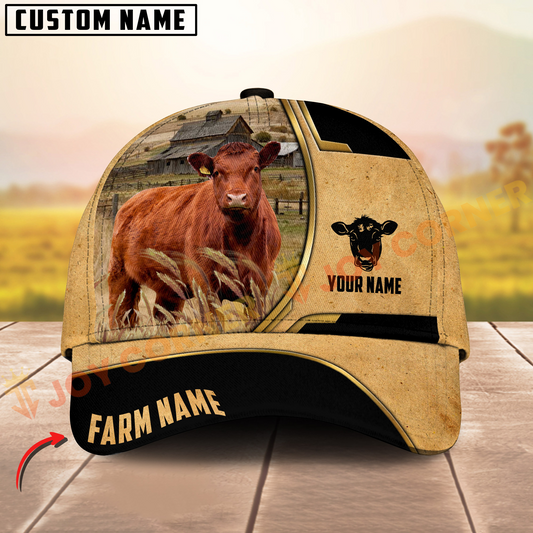 Joycorners Red Angus Vintage Yellow Golden Line Pattern On Farm Customized Name 3D Classic Cap
