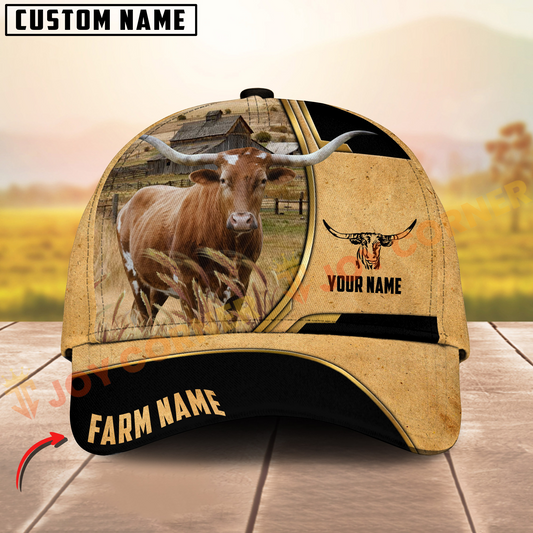Joycorners Texas Longhorn Vintage Yellow Golden Line Pattern On Farm Customized Name 3D Classic Cap