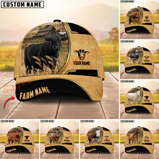 Joycorners Cattle Cow Vintage Yellow Golden Line Pattern On Farm Customized Name 3D Classic Cap (8 Breeds)