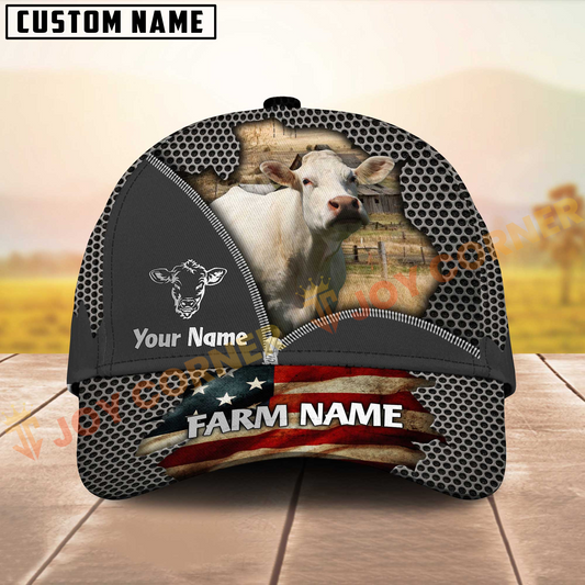 Joycorners Cattle Cow American Flag Mesh On Farm Customized Name 3D Classic Cap (8 Breeds)
