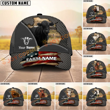 Joycorners Cattle Cow American Flag Mesh On Farm Customized Name 3D Classic Cap (8 Breeds)