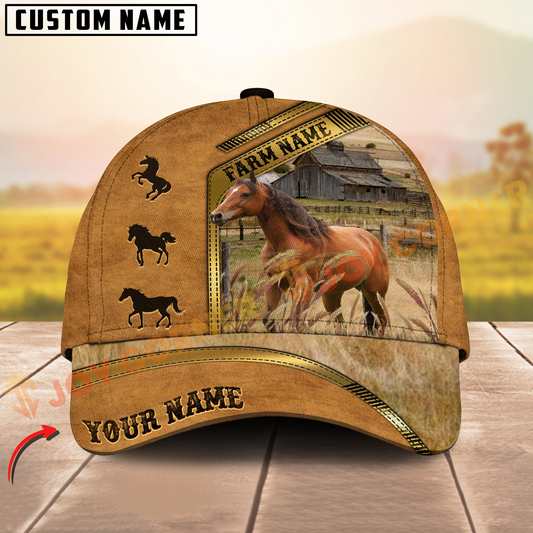 Joycorners Horse Retro Brown Golden Line Pattern On Farm Customized Name 3D Classic Cap