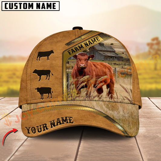 Joycorners Red Angus Retro Brown Golden Line Pattern On Farm Customized Name 3D Classic Cap