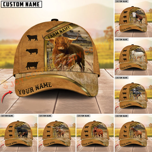 Joycorners Cattle Cow Retro Brown Golden Line Pattern On Farm Customized Name 3D Classic Cap (8 Breeds)