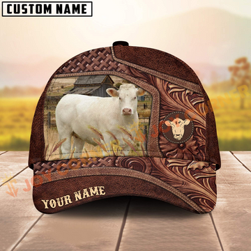 Joycorners Charolais Brown Tooled Leather On Farm Customized Name 3D Classic Cap