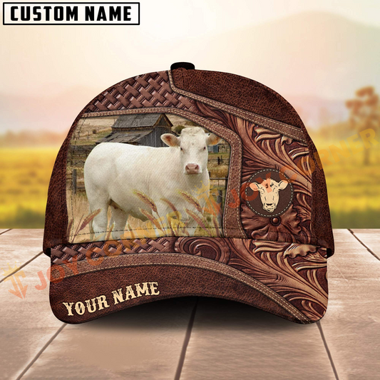 Joycorners Cattle Cow Brown Tooled Leather On Farm Customized Name 3D Classic Cap (8 Breeds)