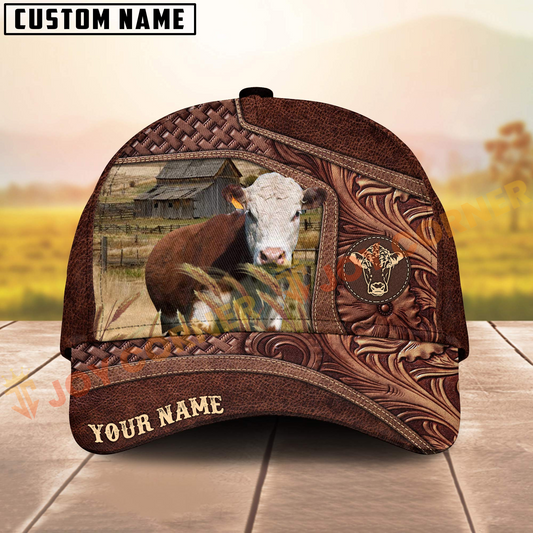 Joycorners Hereford Brown Tooled Leather On Farm Customized Name 3D Classic Cap