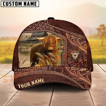 Joycorners Highland Cattle Brown Tooled Leather On Farm Customized Name 3D Classic Cap
