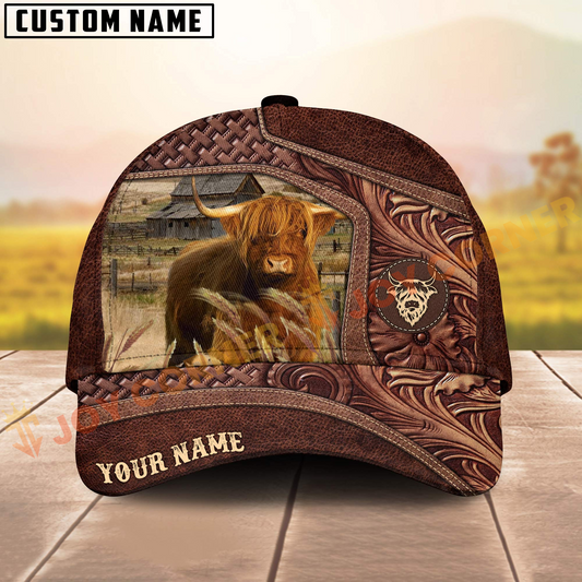 Joycorners Highland Cattle Brown Tooled Leather On Farm Customized Name 3D Classic Cap