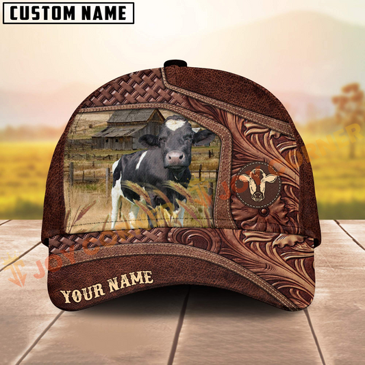 Joycorners Holstein Brown Tooled Leather On Farm Customized Name 3D Classic Cap